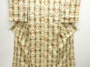 アンティーク　格子に幾何学模様織出し本塩沢着物